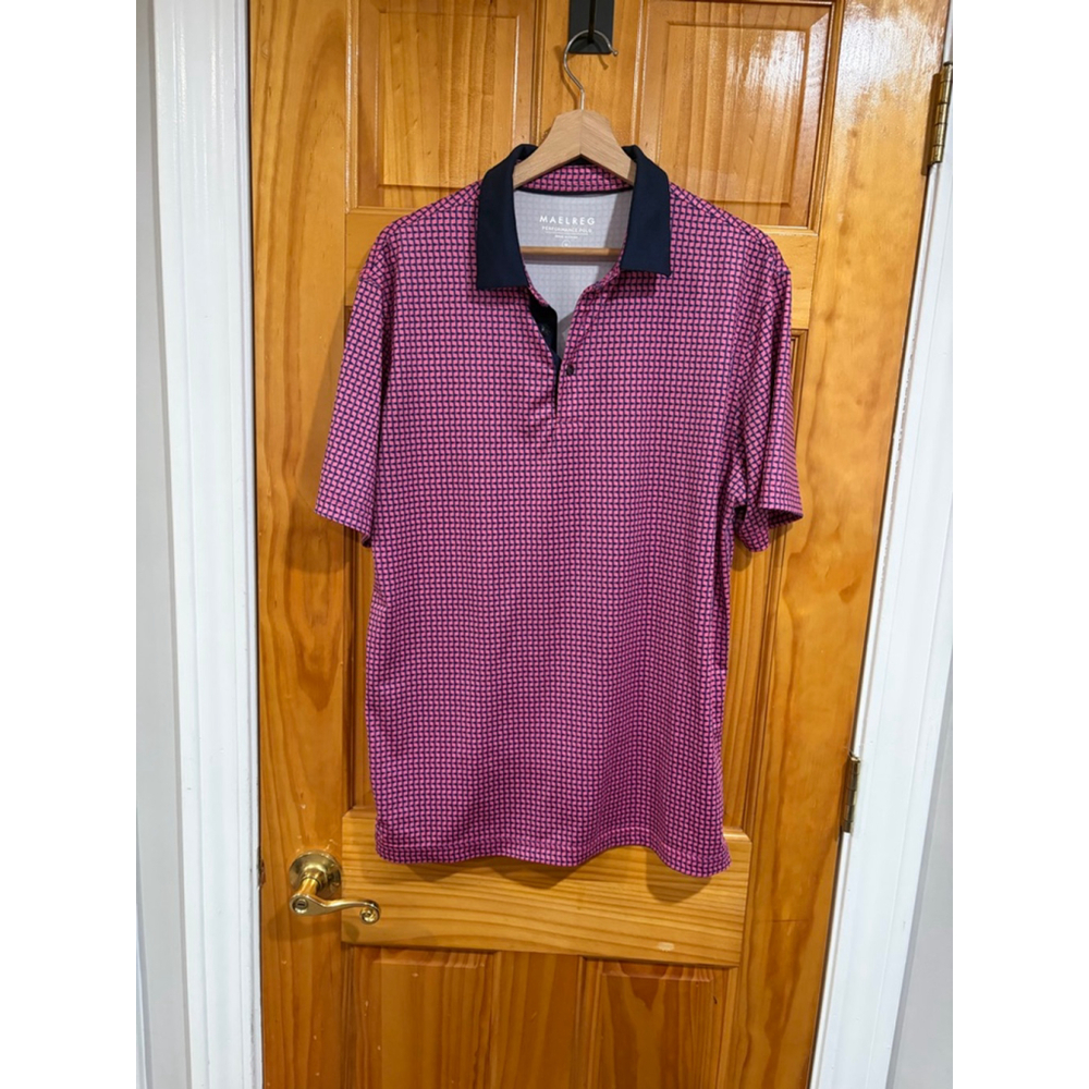 Maelreg Performance Polo Pink Navy Geometric Print Stretch Golf Shirt Men’s M
